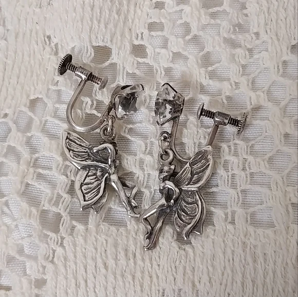 Rare Vintage Fairy Sterling Silver 925 Dangle Clear Crystal Screw Back Earrings - Picture 2 of 4
